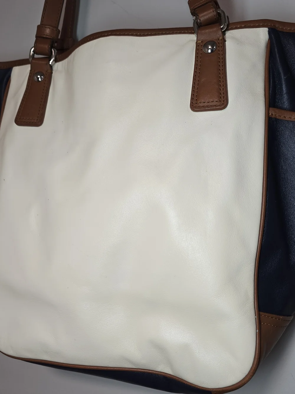 Coach Cream and Navy Tote with Brown Trim